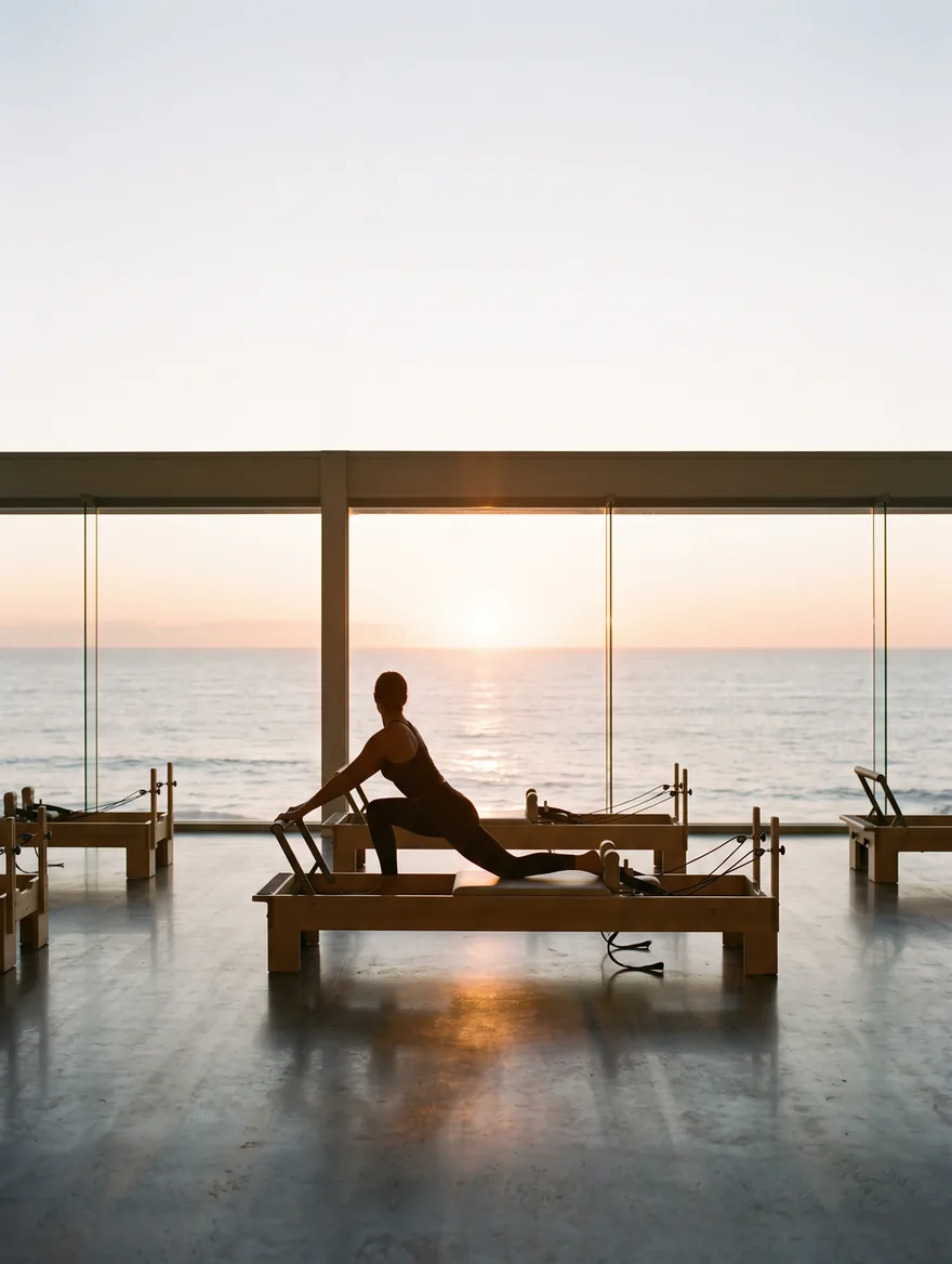Silhouette of a person mid-stretch on a pale-timber reformer in front of ocean windows at sunrise