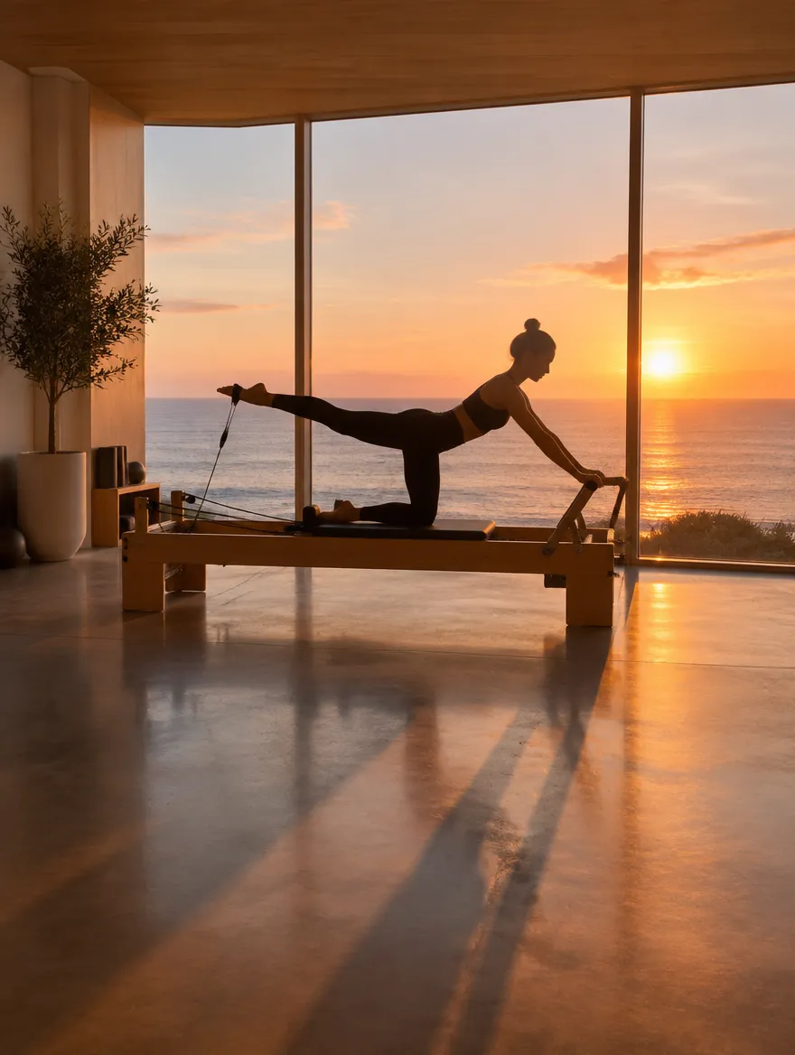 Silhouette of a woman on a reformer Pilates machine in front of floor-to-ceiling windows at sunrise over the ocean