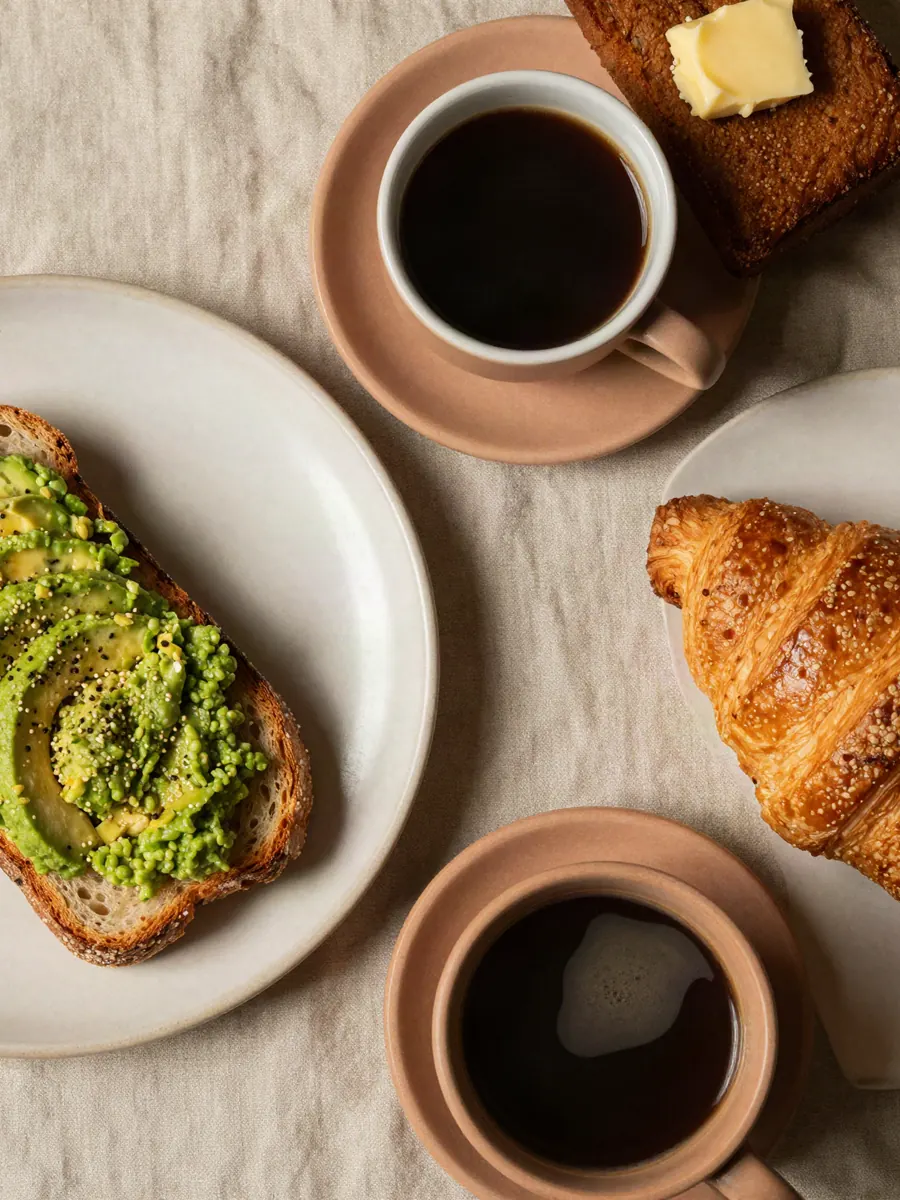 Avocado toast, croissant and banana bread on linen