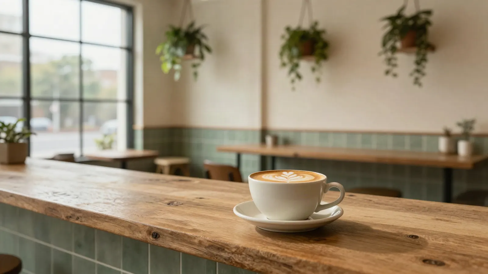 Coffee cup on a timber counter in a sunny café