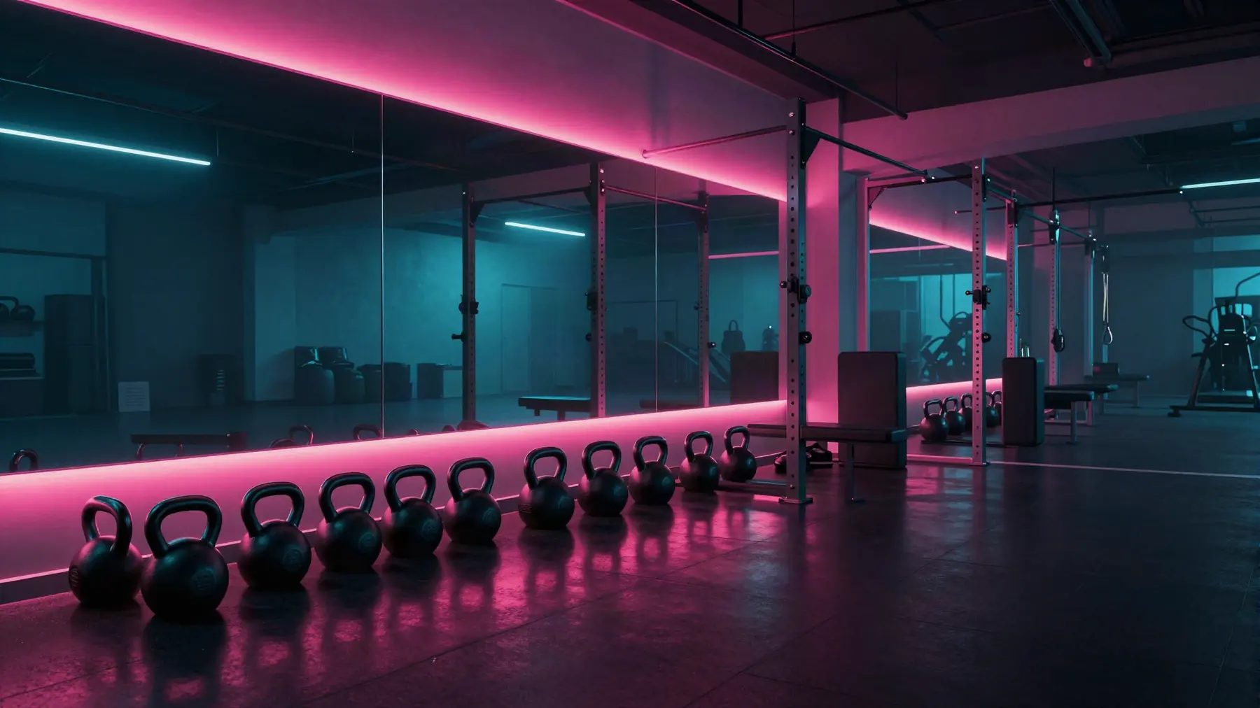 Neon-lit strength studio with kettlebells and racks