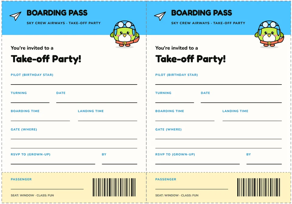 Sky Crew Take-off Party invitation sheet: two boarding-pass invites starring Pylo in his flying goggles, with spaces to fill in the birthday pilot, age, date, boarding and landing times, gate and RSVP