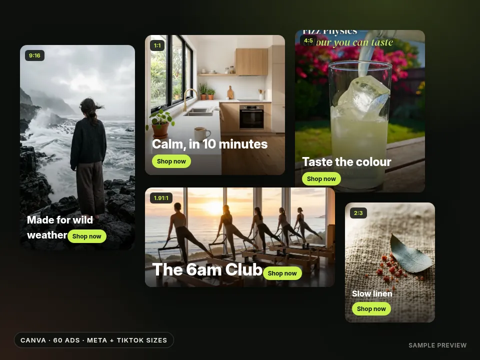 Ad templates in five sizes, from 9:16 to 1.91:1, each labelled with its ratio