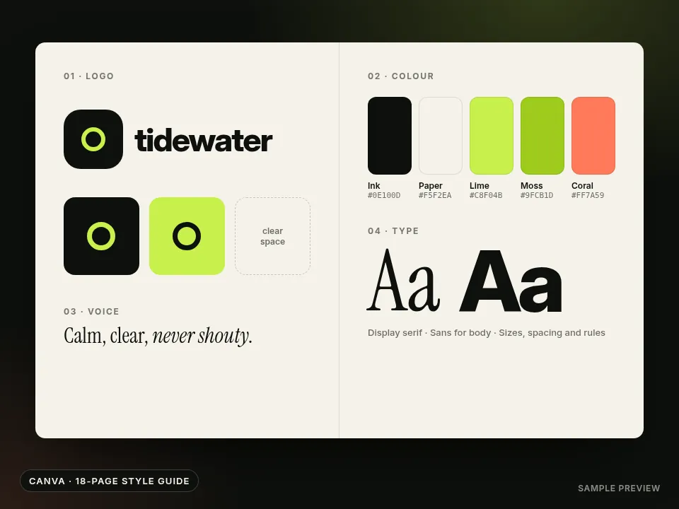 A brand style guide spread with logo, colour swatches and type specimens