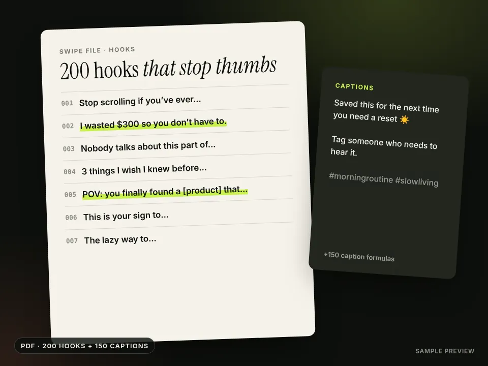 A page of numbered hooks with two highlighted, beside a captions card