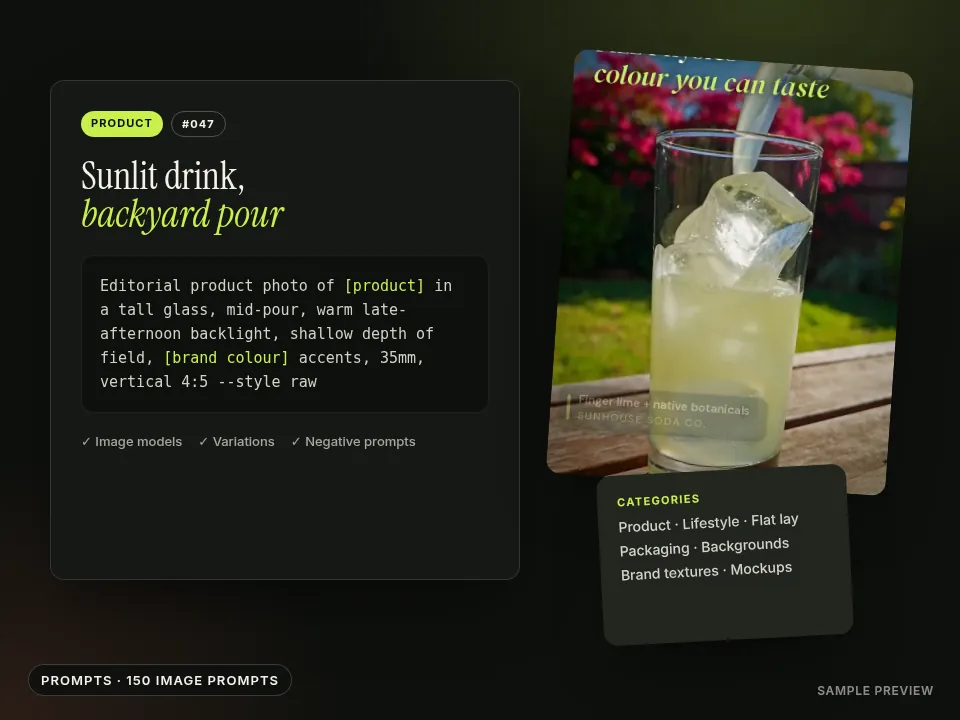A prompt card for a backyard drink shot next to the resulting image