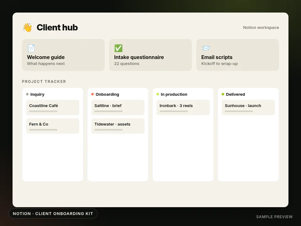 A Notion client hub with a welcome guide, questionnaire, email scripts and project board