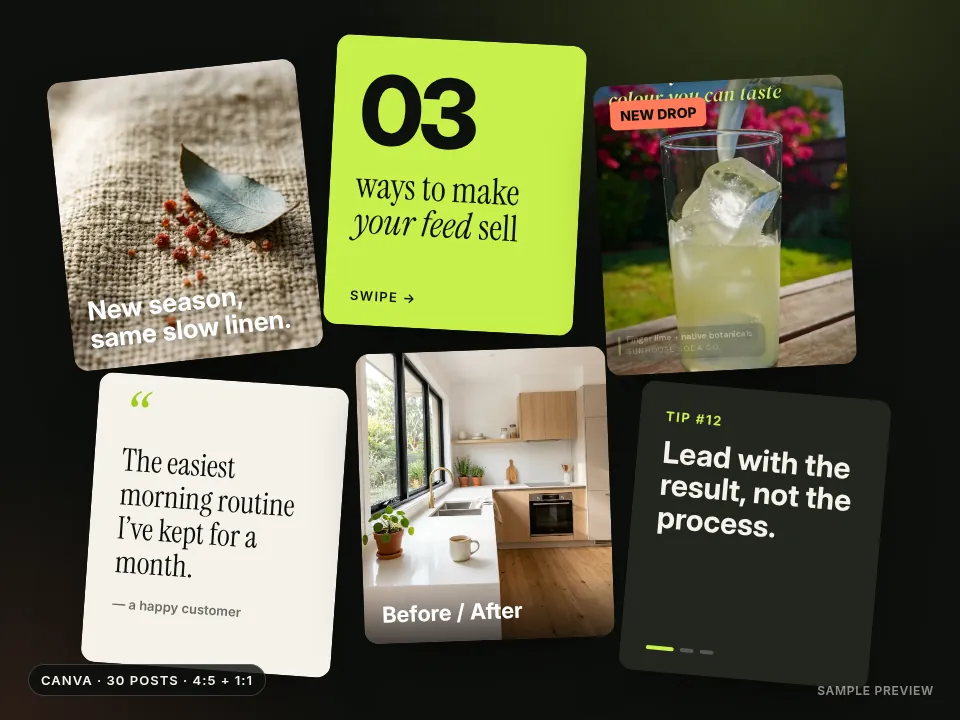 Fanned grid of social post templates: product photo, numbered tip, quote card and promo tiles