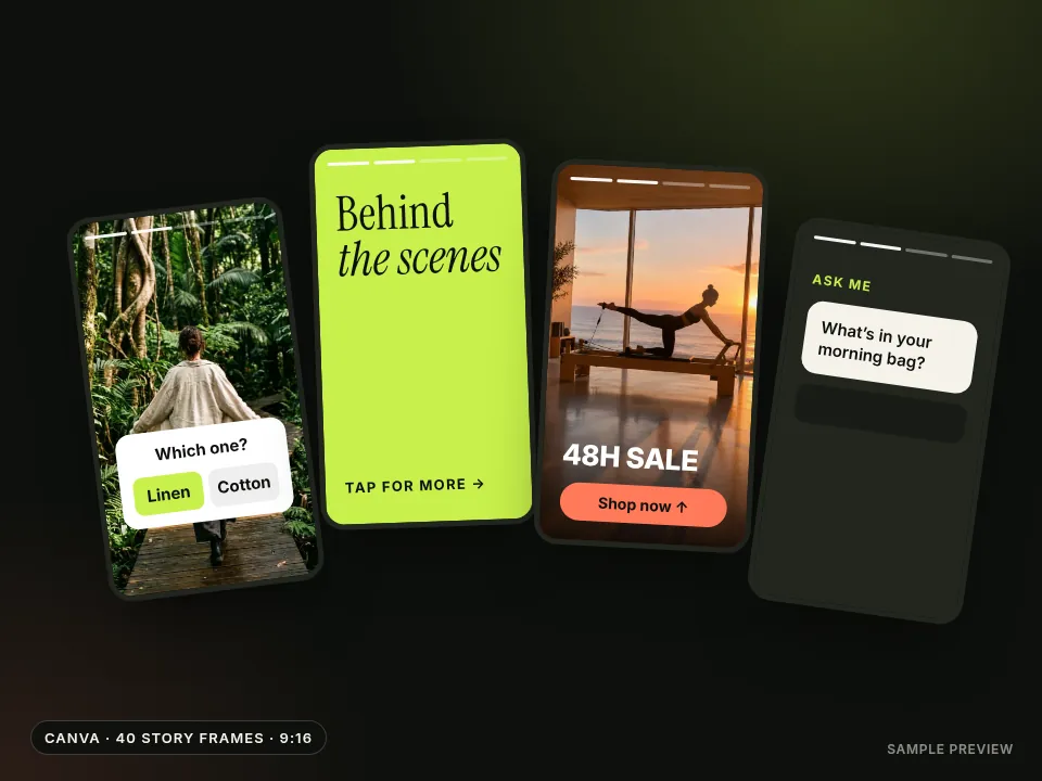 Four vertical story frames with a poll, a ‘Behind the scenes’ card, a sale frame and a question box
