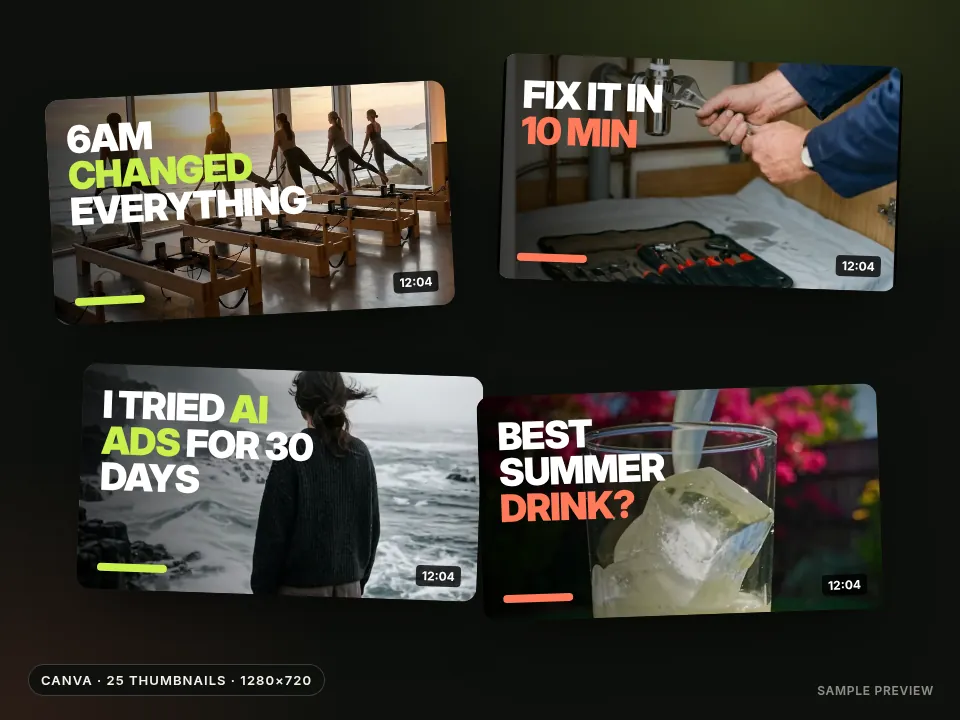Four YouTube thumbnail templates with big uppercase headlines over photos