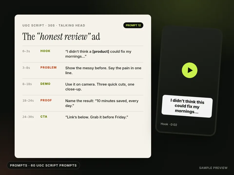 A timed UGC script card beside a vertical video frame with a caption