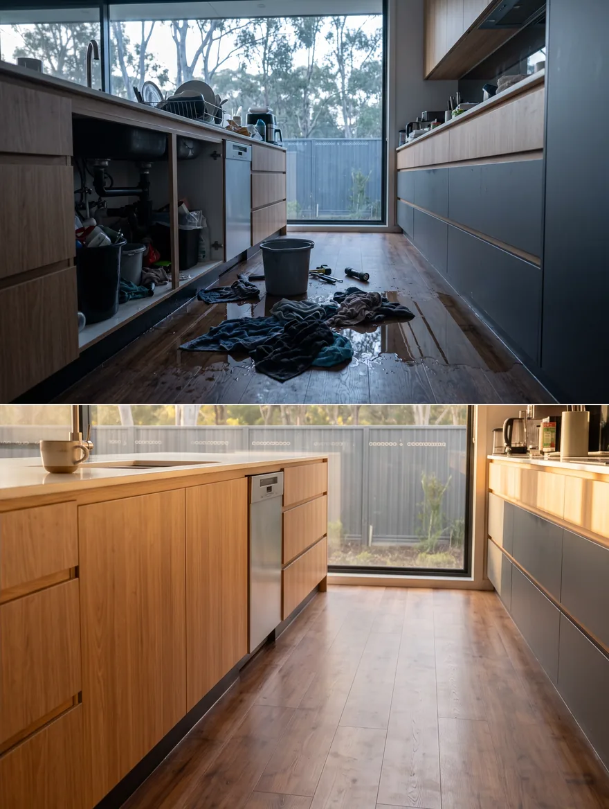 The same kitchen twice: a flooded floor and soaked towels on top, dry and calm in warm morning sun below