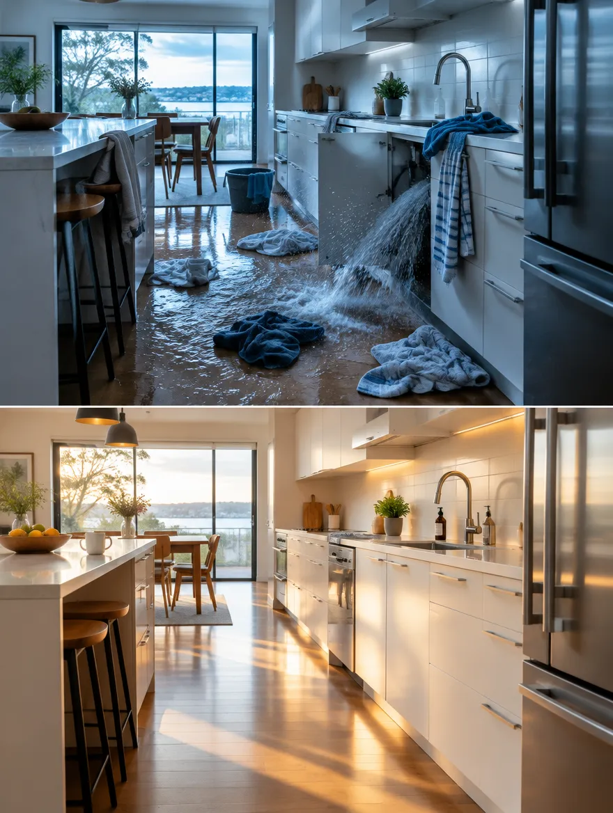 The same modern kitchen shown twice: flooded with water from under the sink, then spotless in warm morning sun