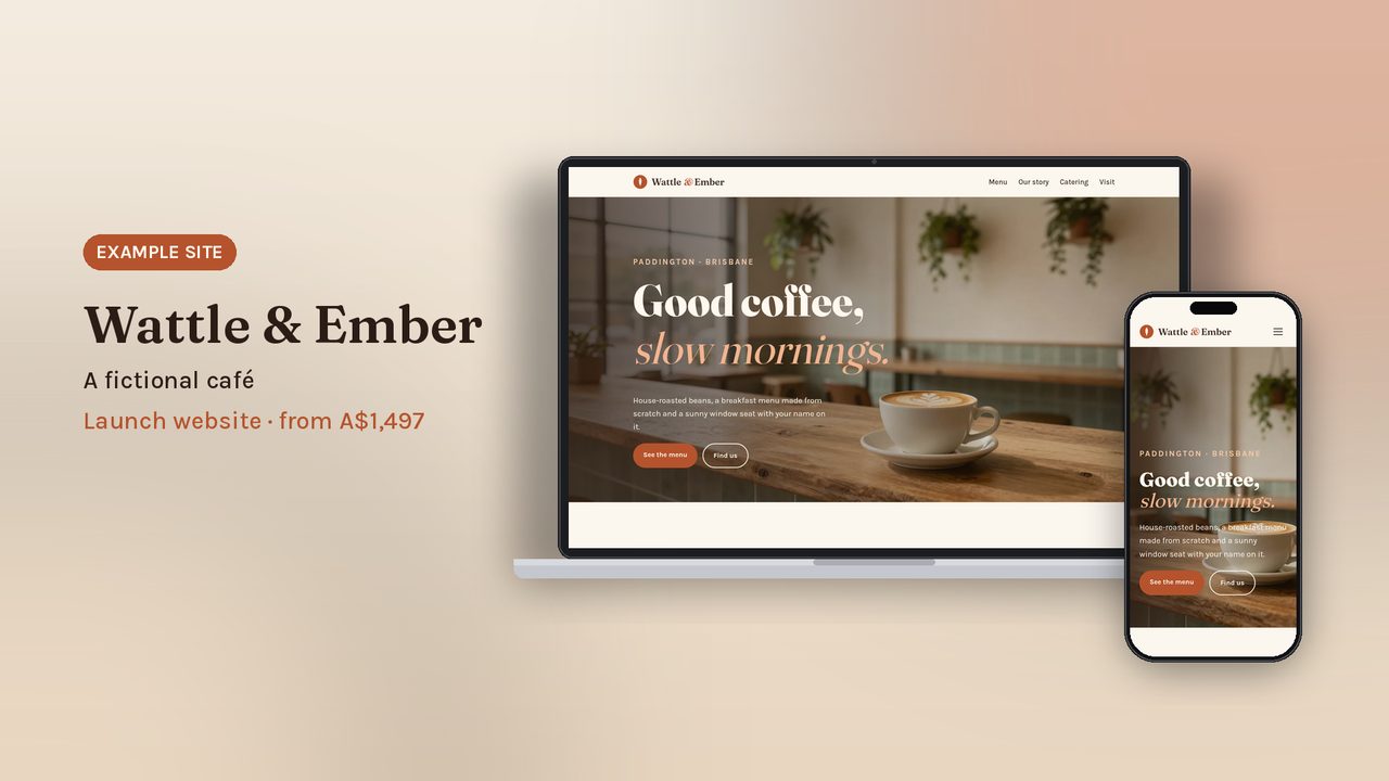 Wattle & Ember café example site on a laptop and phone
