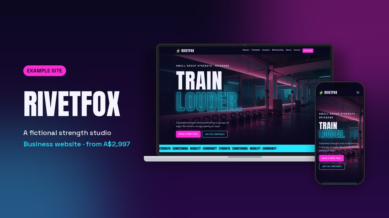 Rivetfox fitness studio example site on a laptop and phone