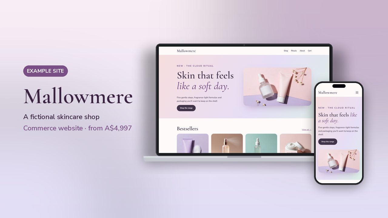 Mallowmere skincare shop example site on a laptop and phone
