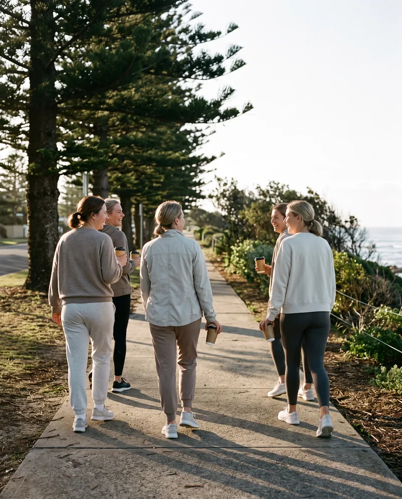 A small group in activewear walking with takeaway coffees along a coastal path lined with Norfolk pines