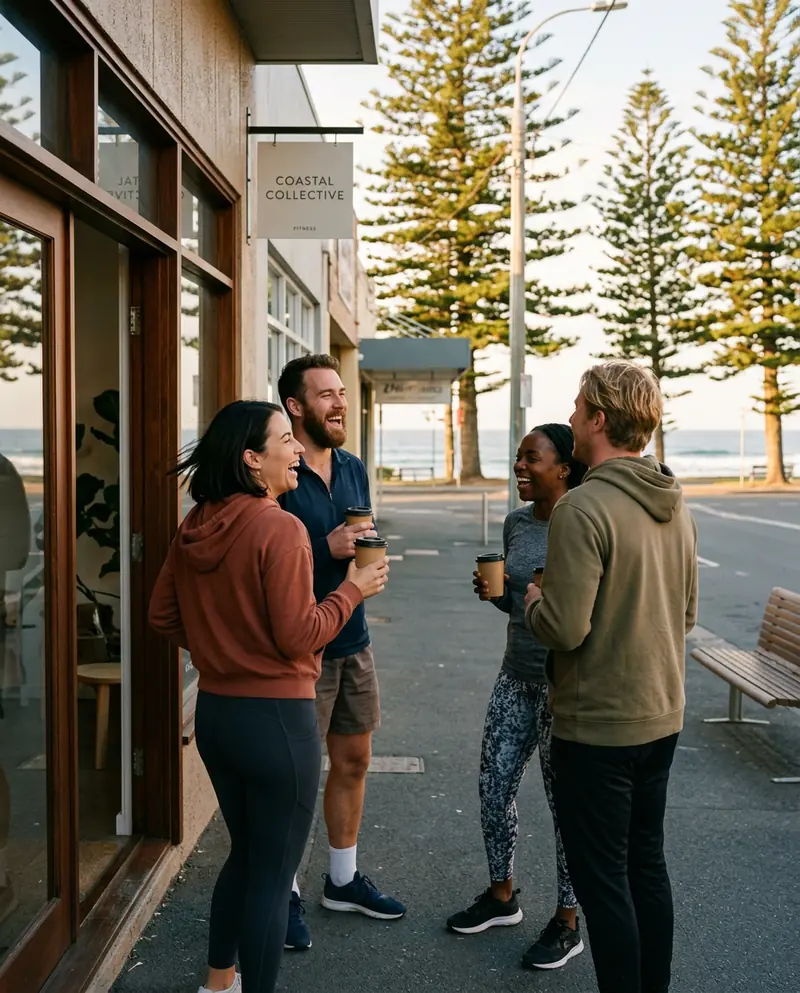 A small group in activewear laughing with takeaway coffees on a coastal street with Norfolk pines