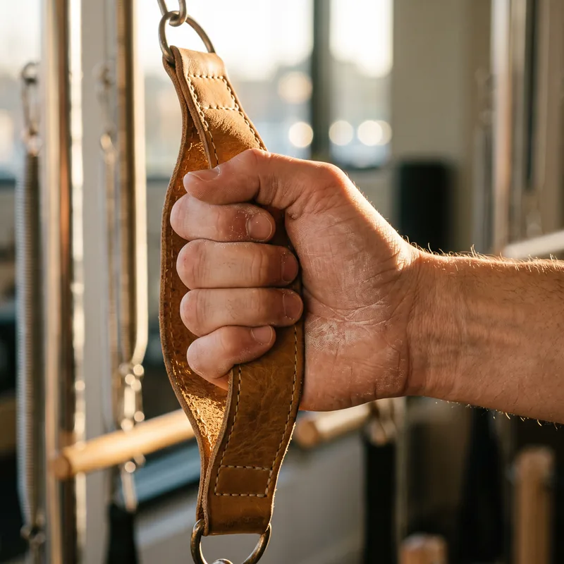 Close-up of a hand gripping a tan leather reformer strap in warm side light