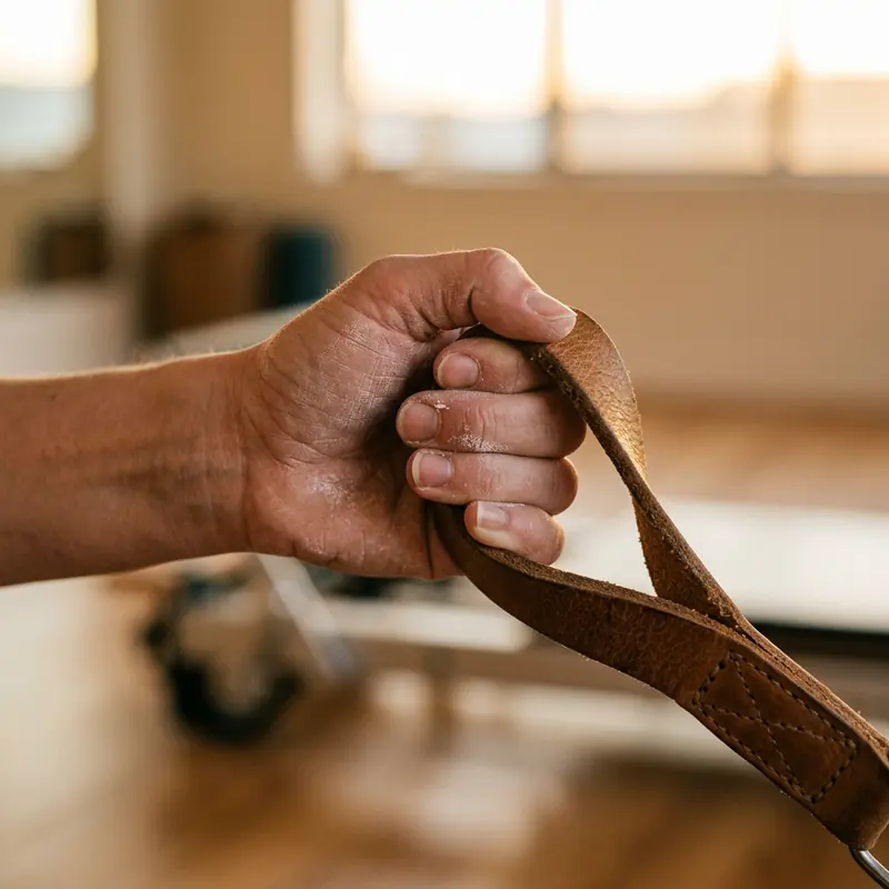 Close-up of a chalk-dusted hand gripping a leather reformer strap in golden light