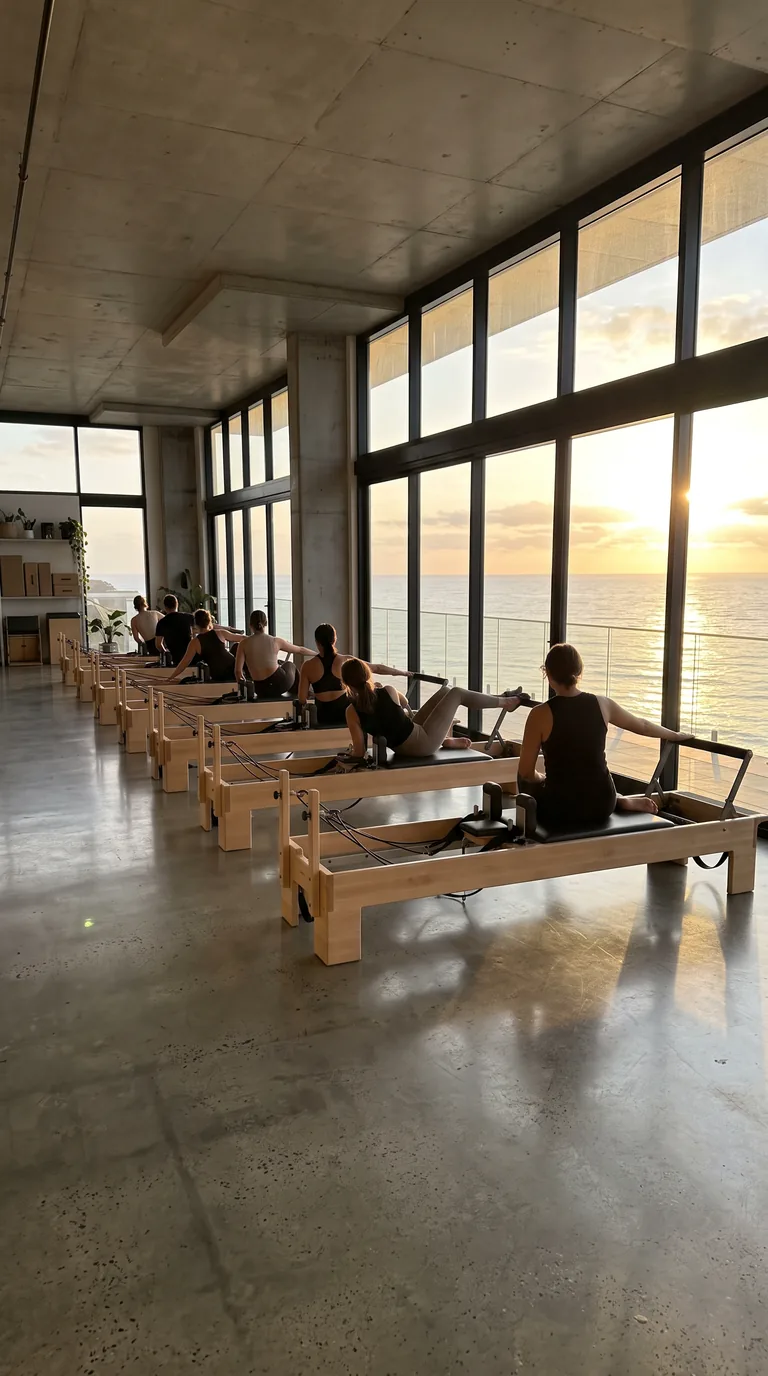 Wide view of a reformer class seen from behind in silhouette, golden sunrise through floor-to-ceiling glass