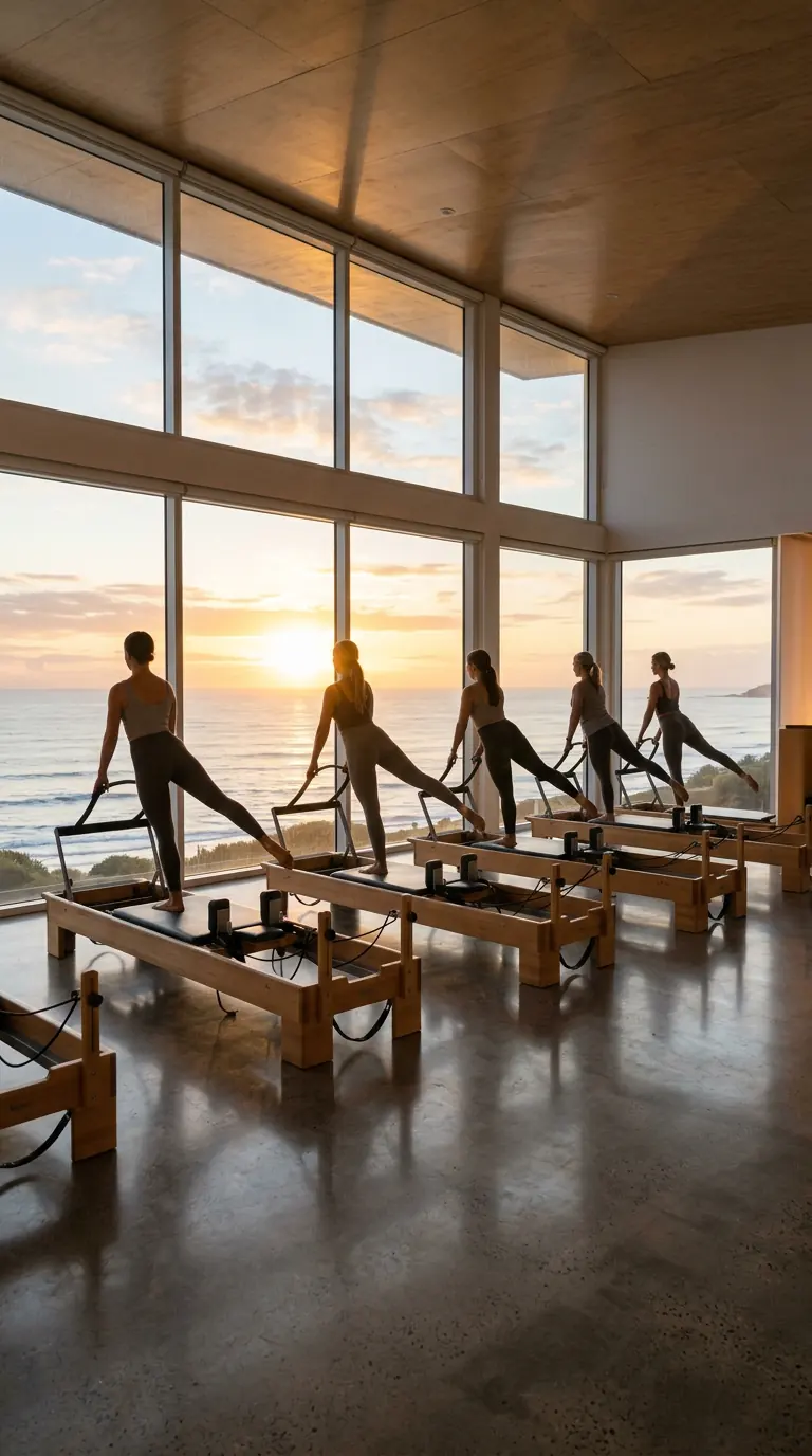 Wide view of a reformer Pilates class silhouetted against floor-to-ceiling windows at sunrise
