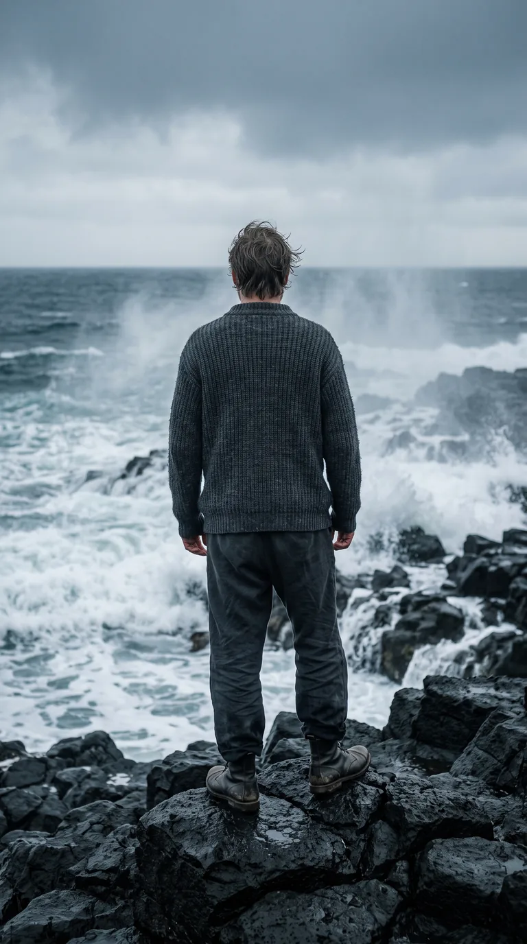 A figure in a charcoal knit standing on black basalt rocks as waves break, seen from behind