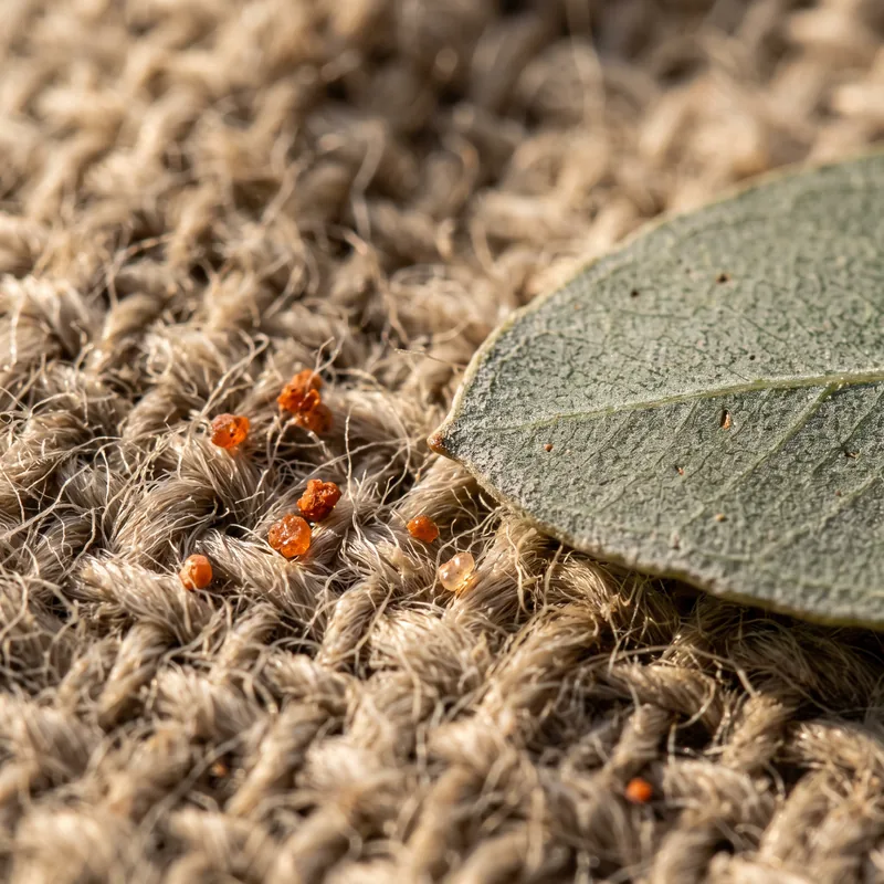 Macro of oatmeal linen weave with grains of red sand and a eucalyptus leaf