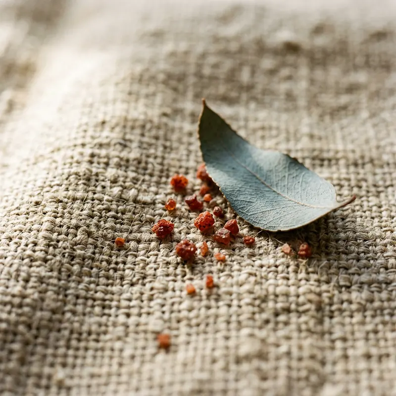 Macro of oatmeal linen weave with grains of red sand and a eucalyptus leaf