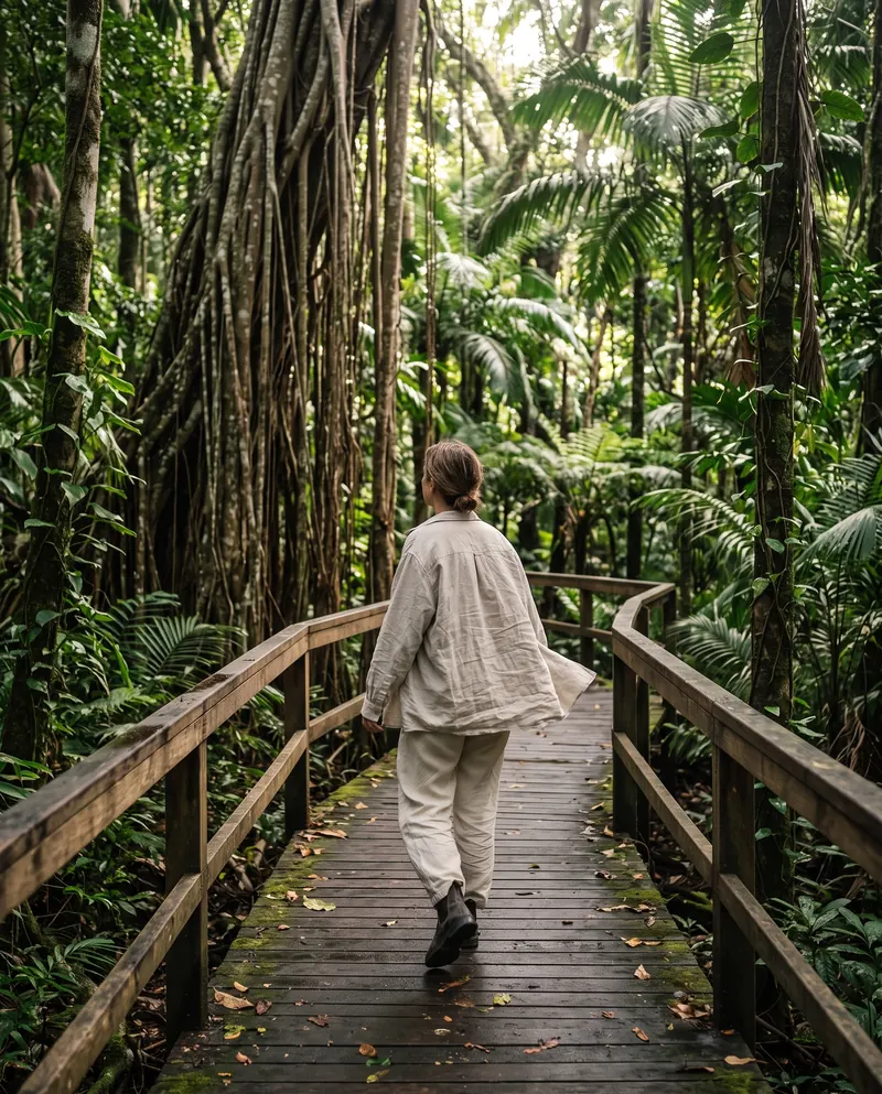 Someone in an oatmeal linen overshirt walking away along a rainforest boardwalk in dappled light