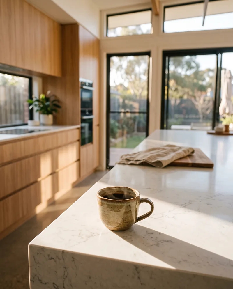 A calm, spotless kitchen in warm morning sun with a ceramic coffee cup on the benchtop