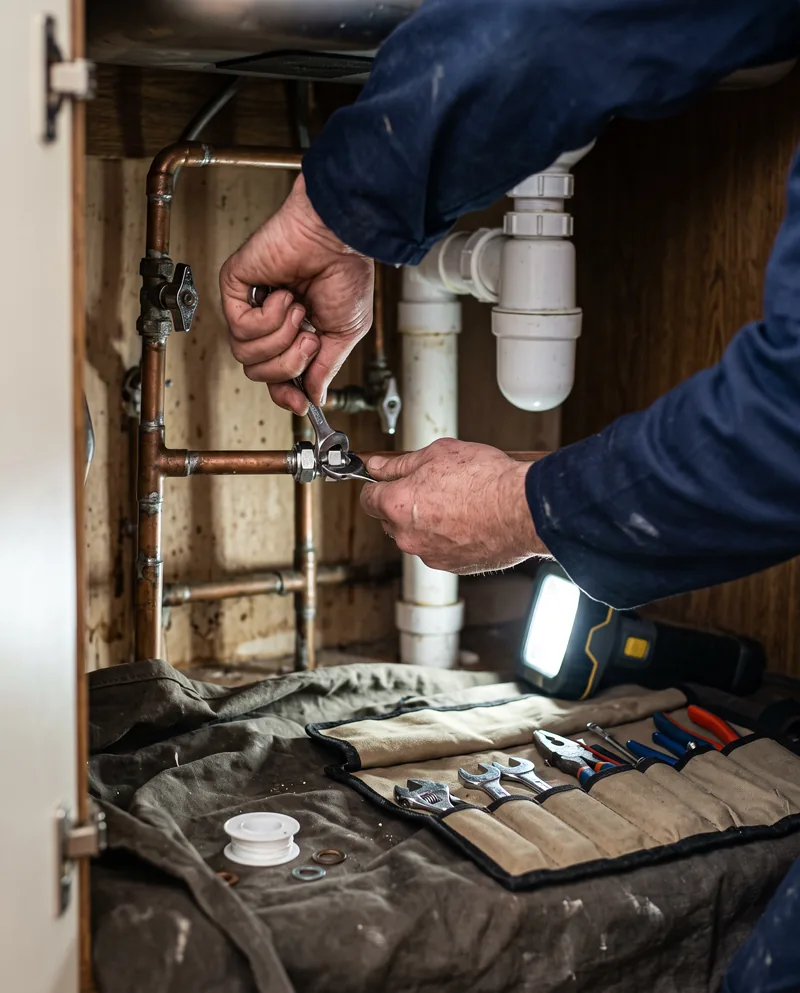 Hands in navy workwear tightening a chrome fitting under a kitchen sink, tool roll below