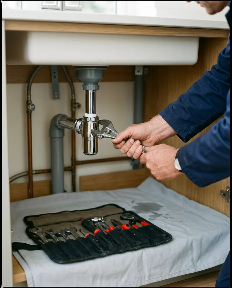 Hands in navy workwear tightening a chrome fitting under a kitchen sink, tool roll on a drop sheet