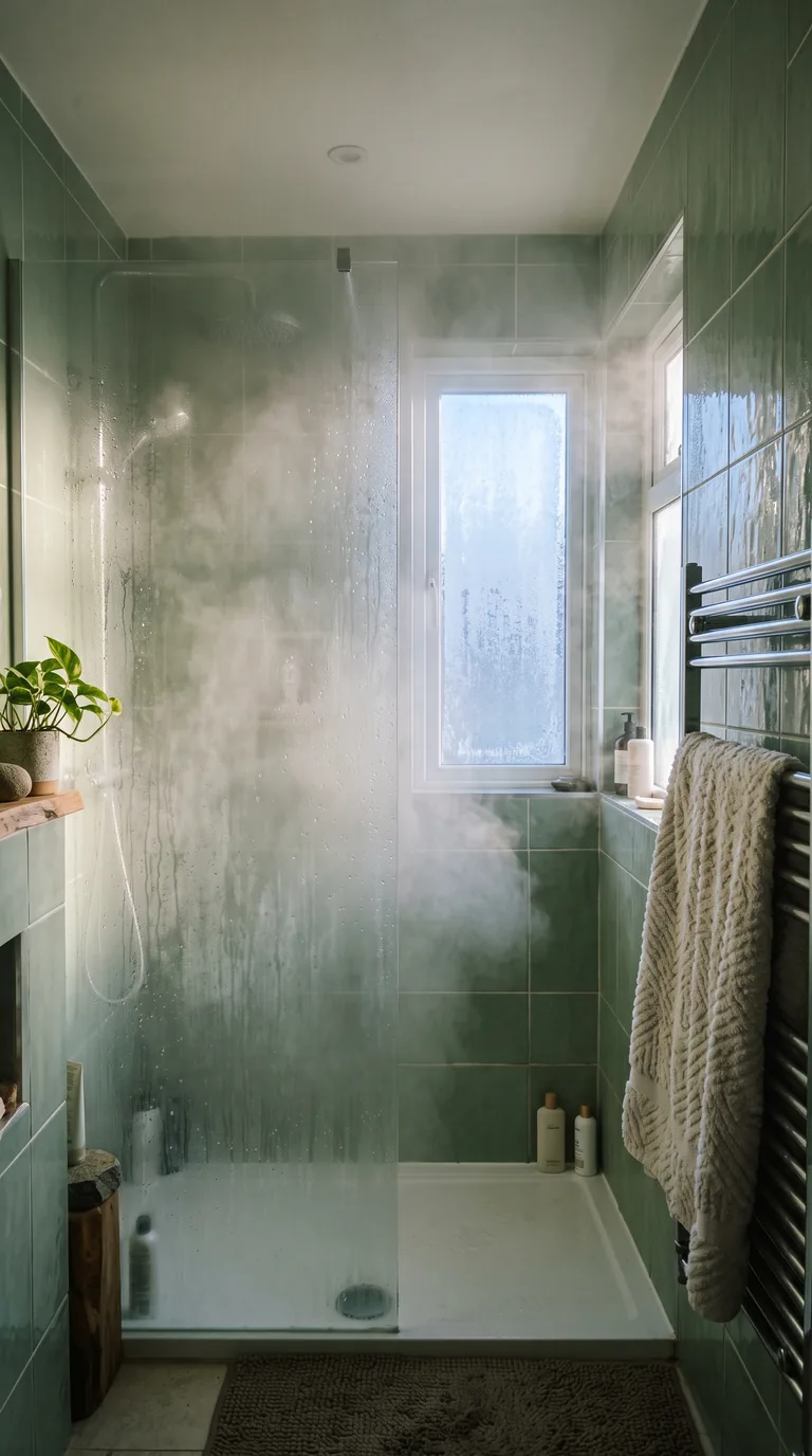 A steaming shower in a sage-green tiled bathroom on a cold morning, towel on a heated rail