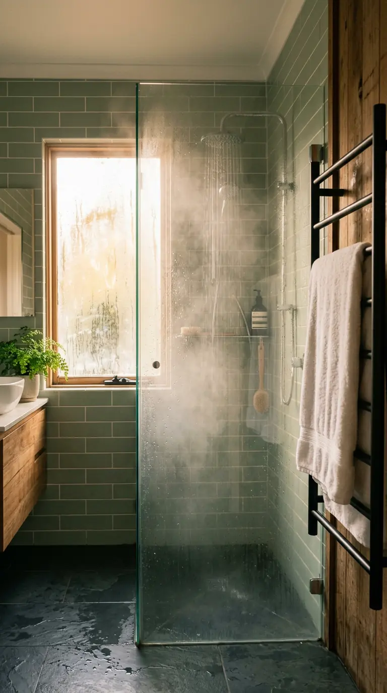 A steaming shower in a sage-tiled bathroom on a cold morning, towel on a heated rail
