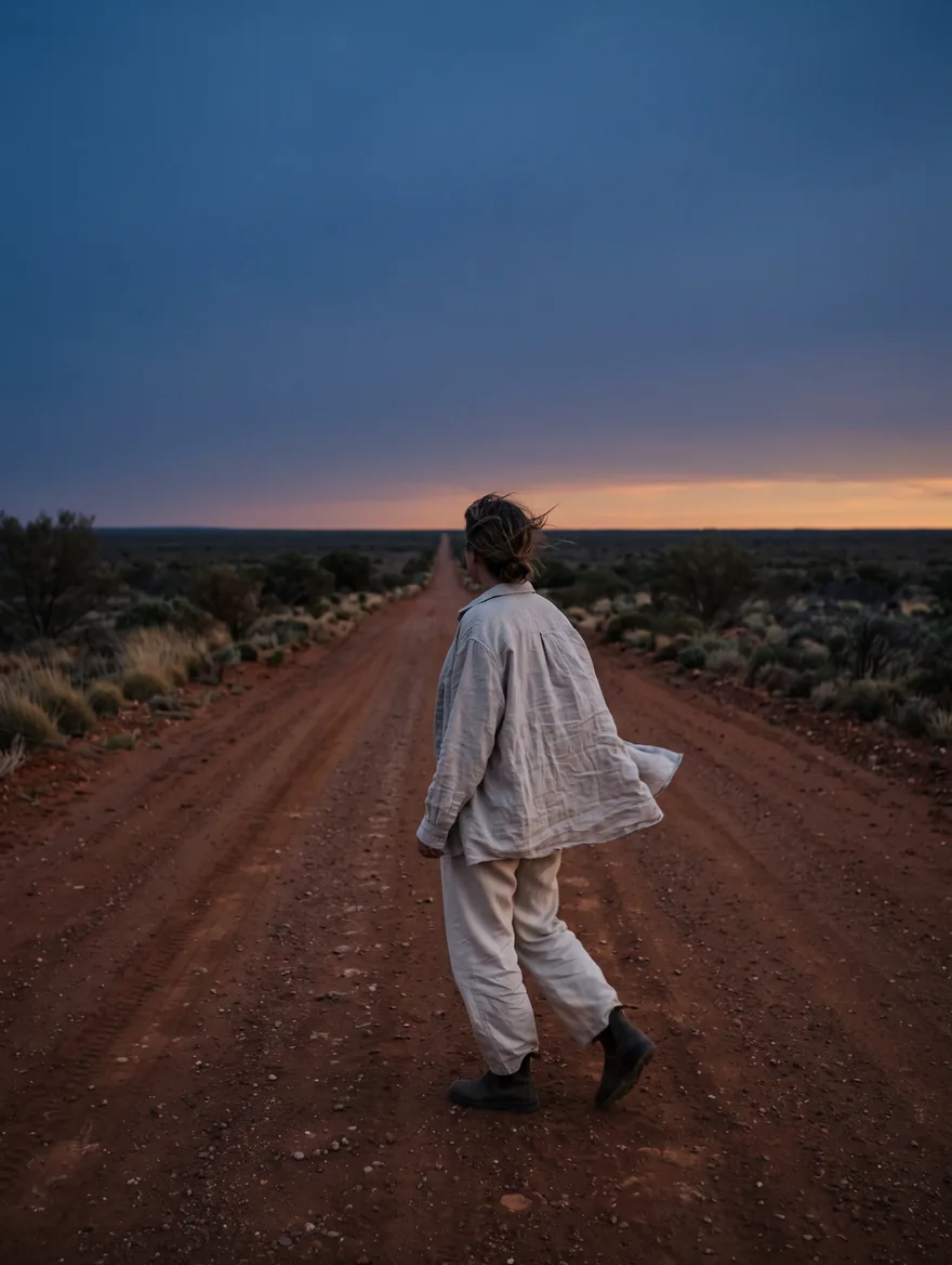 Model in an oversized oatmeal linen overshirt walking a straight red-dirt outback road at blue hour