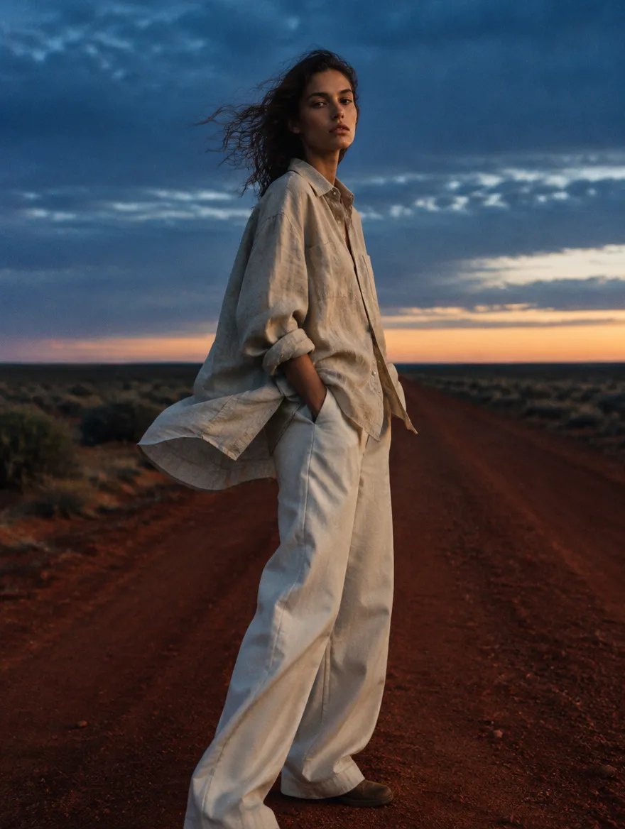 Model in an oversized oatmeal linen overshirt standing on a red-dirt outback road at blue hour